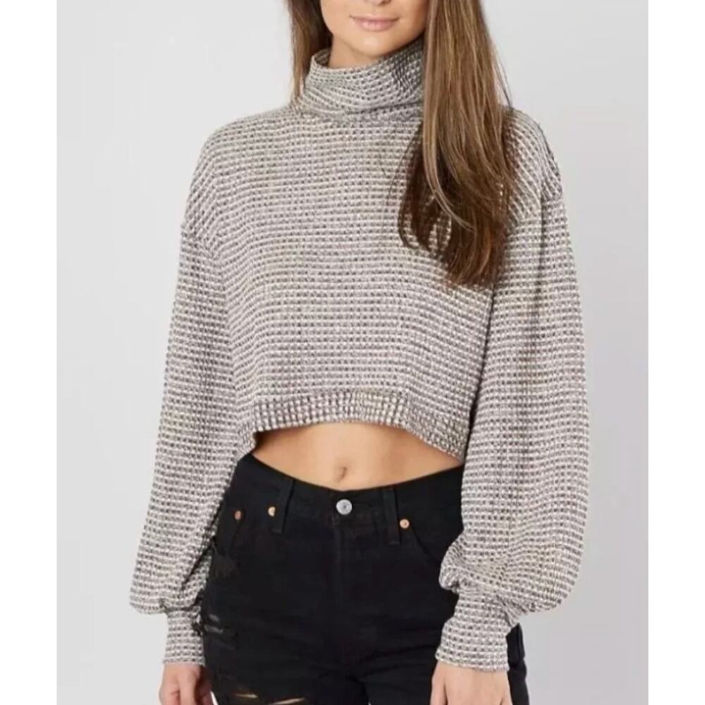 Free People BK Wine Red White Thermal Knit Cropped Turtleneck Top Small